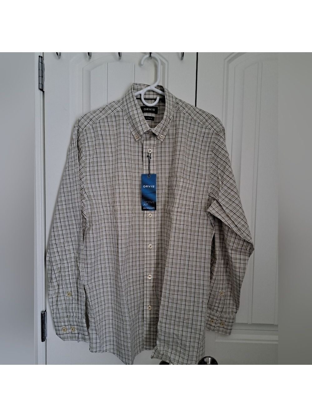 ORVIS Active Fit check shirt oatmeal green brown neutral cotton button down M